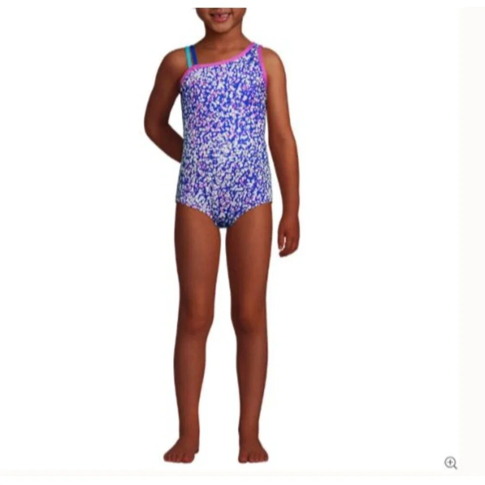 new $38 lands end swimsuit Girls Slim L Chlorine Resistant electric blue mosaic
